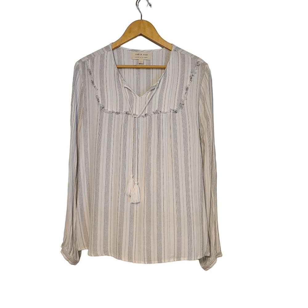 Cloth & Stone Women Long Sleeve Striped Fringe Tie Tassel Top Large Boho V Neck